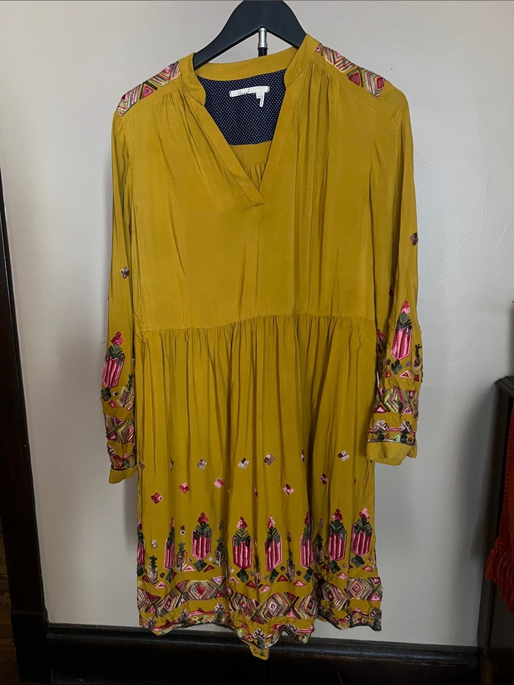 Floreat Mustard Yellow Embroidered Long Sleeve Midi Dress